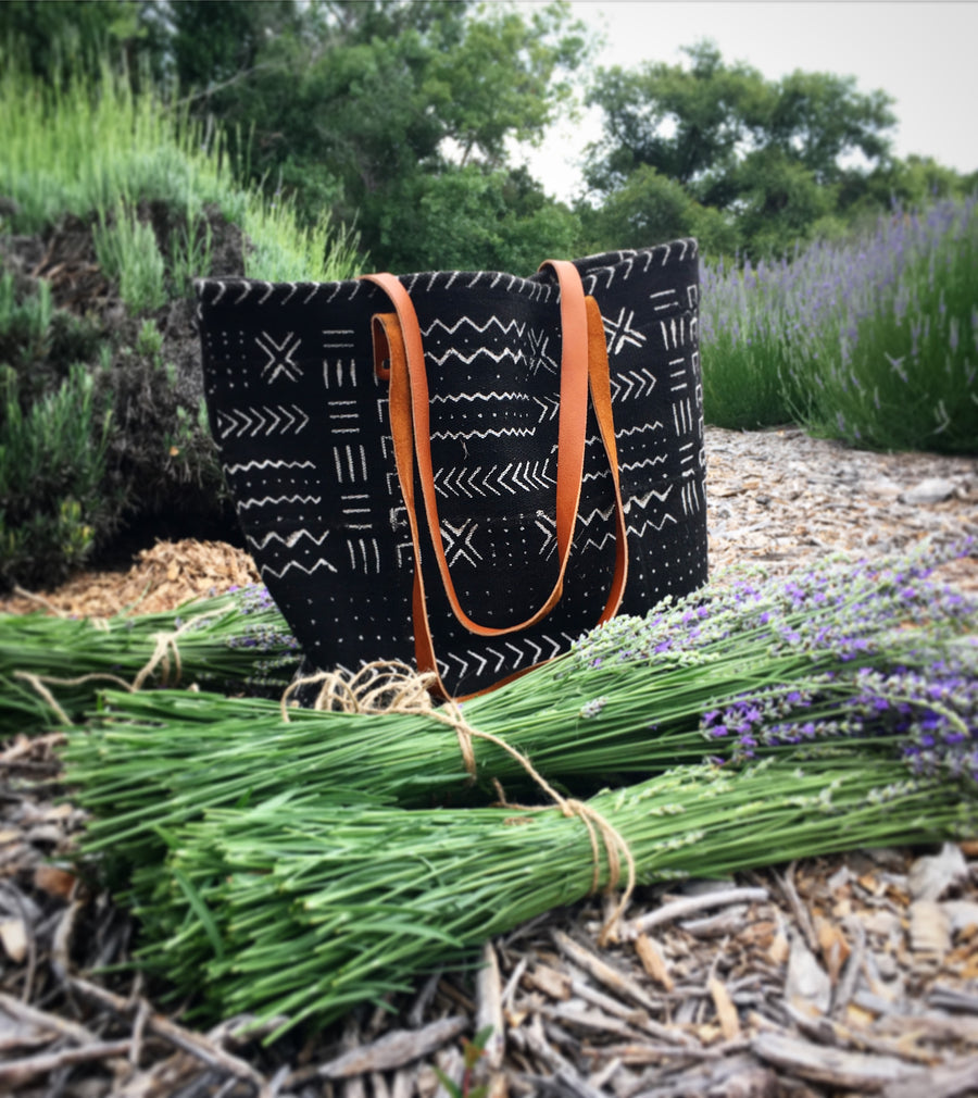 Black White Mudcloth Feed Bag Tote, Purse, Carryall – Lavender